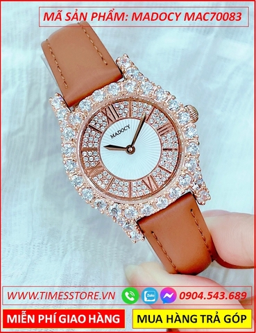 Đồng Hồ Nữ Madocy Tựa Chopard Full Đá Rose Gold Dây Da Nâu (31mm)