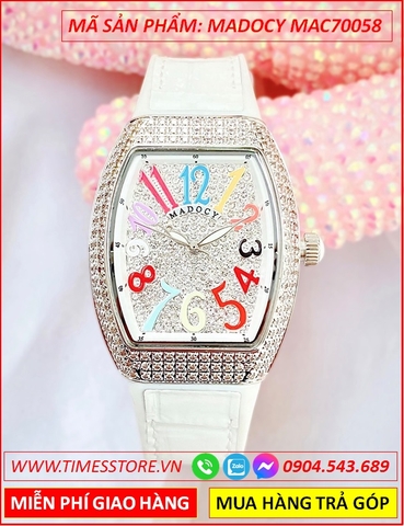 Đồng Hồ Nữ Madocy Tựa Franck Muller Vanguard Full Đá Dây Da Trắng