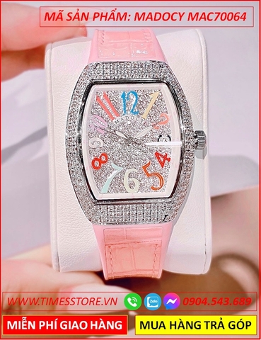 Đồng Hồ Nữ Madocy Tựa Franck Muller Vanguard Full Đá Dây Silicone Hồng (32mm)