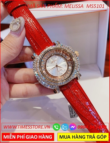 Đồng hồ Nữ Melissa Mặt Tròn Rose Gold Đính Full Đá Dây Da Đỏ