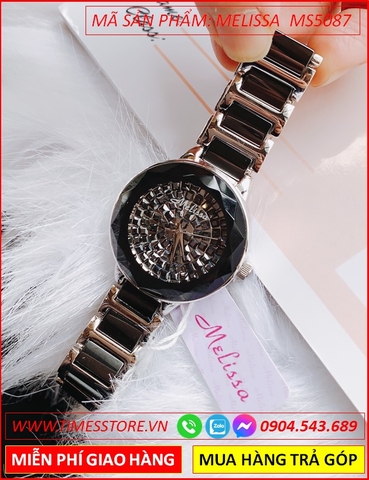Đồng hồ Nữ Melissa Mặt Full Đá Đen Dây Kim Loại Mix Ceramica