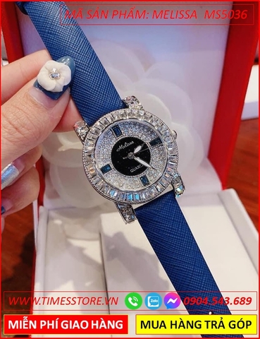 Đồng hồ Nữ Melissa Mặt Tròn Full Đá Swarovski Dây Da Xanh (32mm)