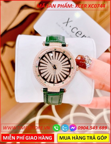 Đồng Hồ Nữ Xcer Mặt Cánh Hoa Xoay Full Đá Rose Gold Dây Da Xanh Lá