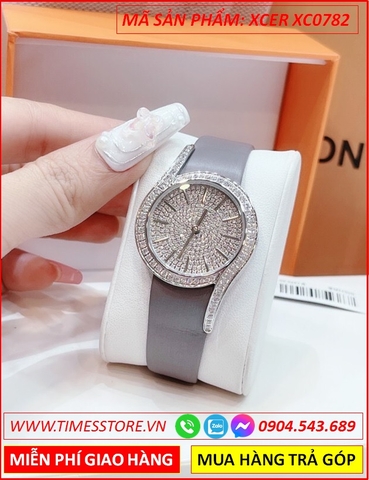Đồng Hồ Nữ Xcer Mặt Full Đá Hình Chữ S Dây Da Lụa Xám
