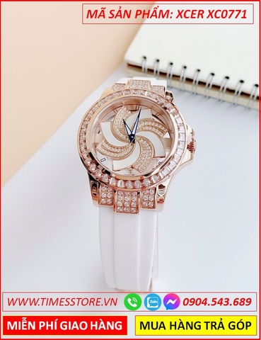 Đồng Hồ Nữ Xcer Mặt Xoay Rose Gold Đính Đá Dây Silicone Trắng (38mm)