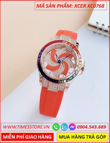 Đồng Hồ Nữ Xcer Mặt Xoay Rose Gold Đính Đá Nhiều Màu Dây Silicone Đỏ