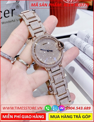 Đồng Hồ Nữ Xcer Tựa Cartier Mặt Tròn Full Đá Rose Gold Dây Kim Loại
