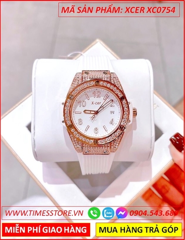 Đồng Hồ Nữ Xcer Tựa Hublot Đính Đá Rose Gold Dây Silicone Trắng