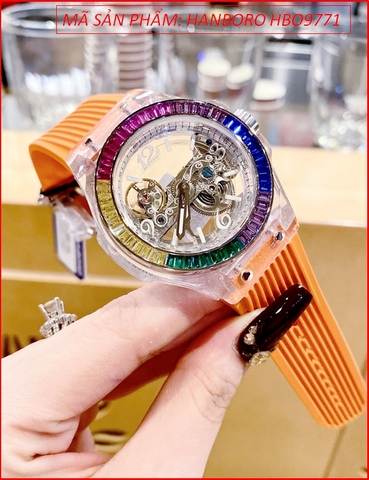 Đồng Hồ Nữ Hanboro Unisex Automatic Đính Đá Nhiều Màu Dây Silicone Cam