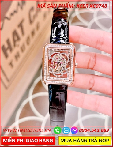 Đồng Hồ Nữ Xcer Mặt Chữ Nhật Rose Gold Lộ Máy Dây Da