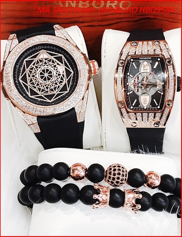 Set Đồng Hồ Hanboro Cặp Đôi Full Đá Rose Gold Dây Silicone Đen