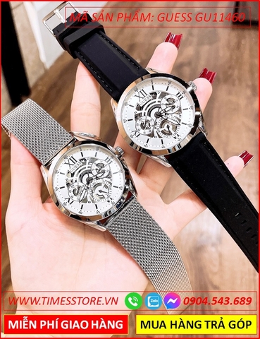 Đồng Hồ Guess Nam Mặt Tròn Lộ Cơ Dây Mesh Lưới