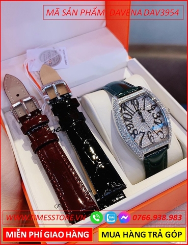 Set Đồng hồ Nữ Davena Mặt Oval Đính Full Đá Swarovski Dây Da