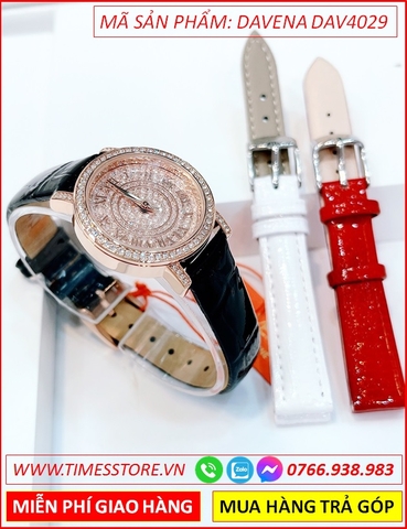 Set Đồng hồ Nữ Davena Đính Full Đá Swarovski Tặng Thêm 02 Dây Da