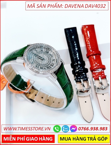 Set Đồng hồ Nữ Davena Đính Full Đá Swarovski Tặng Thêm 02 Dây Da