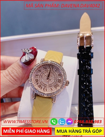 Set Đồng Hồ Nữ Davena Mặt Tròn Full Đá Rose Gold Dây Da Vàng