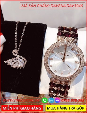 Set Đồng hồ Nữ Davena Mặt Tròn Rose Gold Dây Gắn Đá Pha Lê Đỏ