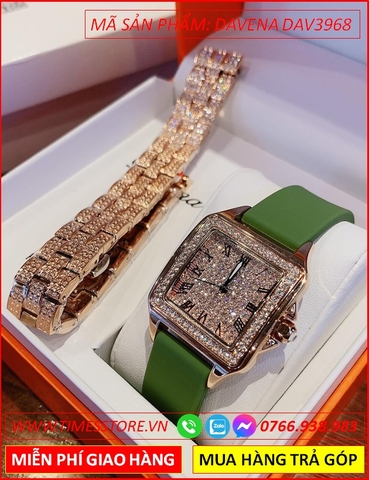Set Đồng hồ Nữ Davena Mặt Vuông Full Đá Swarovski Rose Gold
