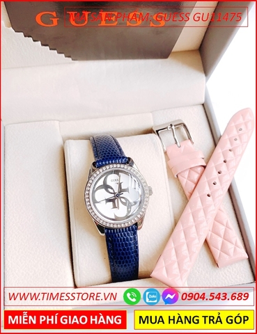 Đồng Hồ Guess Nữ Mặt Họa Tiết Đính Đá Dây Da Xanh