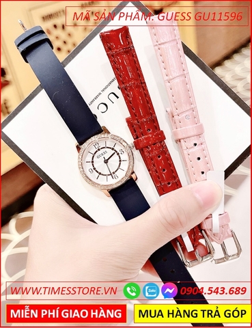 Đồng Hồ Guess Nữ Mặt Tròn Đính Đá Dây Silicone Xanh