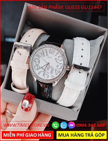 Đồng Hồ Guess Nữ Mặt Tròn Đính Đá Swarovski Dây Da