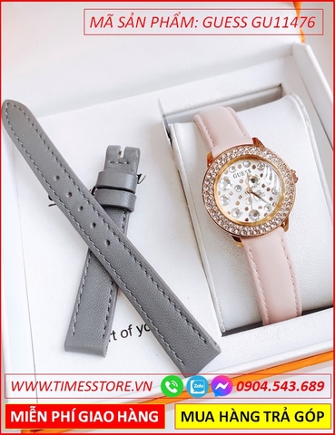 Đồng Hồ Guess Nữ Mặt Tròn Rose Gold Đính Đá Dây Da Hồng