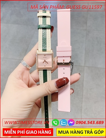 Đồng Hồ Guess Nữ Mặt Vuông Đính Đá Dây Silicone Hồng
