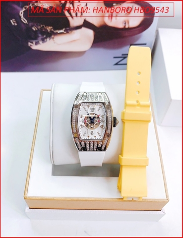 Set Đồng hồ Hanboro Nữ Mặt Oval Swarovski Dây Cao Su Trắng + Vàng