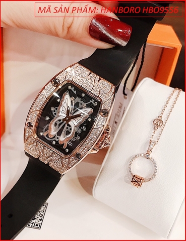 Set Đồng Hồ Hanboro Nữ Mặt Oval Full Đá Rose Gold Hình Bướm