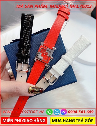 Set Đồng Hồ Madocy Nữ Mặt Vuông Tựa Hermes Dây Da Đỏ