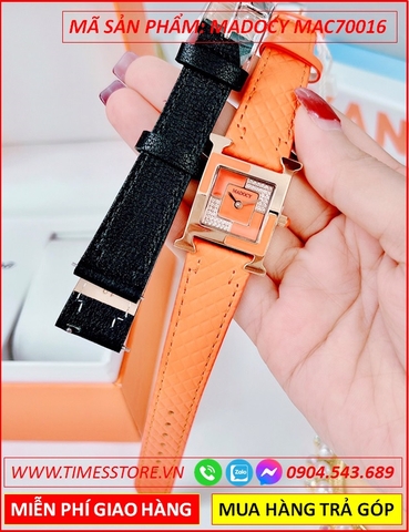 Set Đồng Hồ Madocy Nữ Mặt Vuông Hermes Rose Gold Dây Da Cam