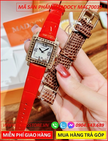 Set Đồng Hồ Madocy Nữ Mặt Vuông Đính Đá Swarovski Dây Da Đỏ