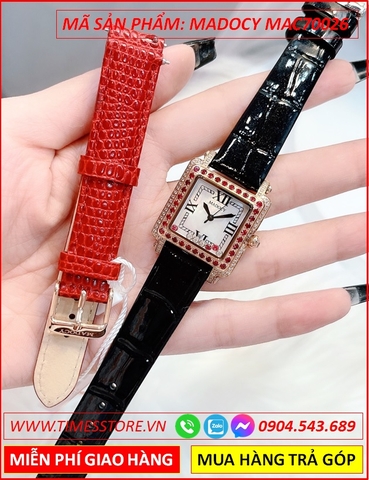 Set Đồng Hồ Madocy Nữ Mặt Vuông Đính Đá Ruby Đỏ Dây Da