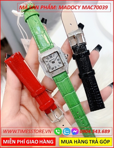 Set Đồng Hồ Madocy Nữ Mặt Vuông Full Đá Dây Da Xanh Lá