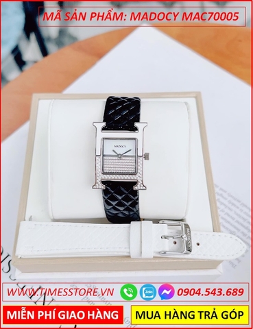 Set Đồng Hồ Madocy Nữ Mặt Vuông Tựa Hermes Dây Da Đen (32mm)