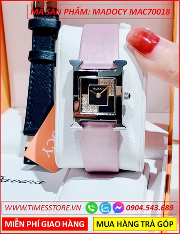Set Đồng Hồ Madocy Nữ Mặt Vuông Tựa Hermes Dây Da Tím