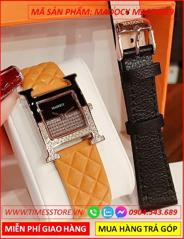 Set Đồng Hồ Madocy Nữ Mặt Vuông Hermes Rose Gold Dây Da Cam