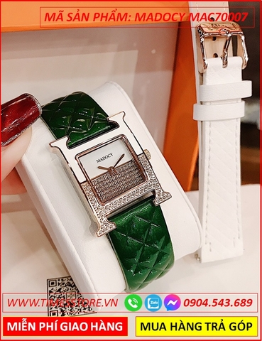 Set Đồng Hồ Madocy Nữ Mặt Vuông Tựa Hermes Dây Da Xanh (32mm)