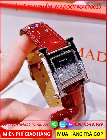 Set Đồng Hồ Madocy Nữ Mặt Vuông Tựa Hermes Dây Da Đỏ