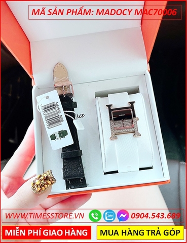 Set Đồng Hồ Madocy Nữ Mặt Vuông Hermes Dây Silicone Trắng