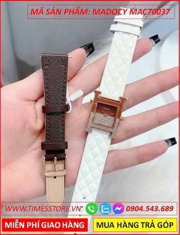 Set Đồng Hồ Madocy Nữ Mặt Vuông Hermes Rose Gold Dây Da Trắng