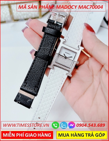 Set Đồng Hồ Nữ Madocy Mặt Vuông Tựa Hermes Dây Da Trắng (32mm)