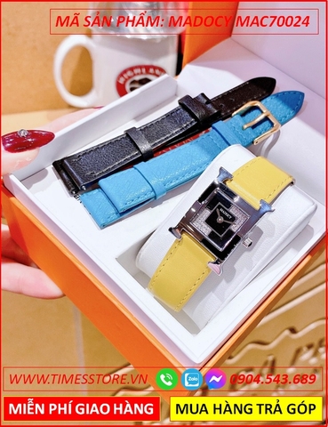 Set Đồng Hồ Madocy Nữ Mặt Vuông Tựa Hermes Dây Da Vàng (32mm)