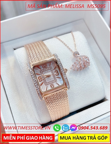 Set Đồng hồ Melissa Nữ Mặt Chữ Nhật Dây Mesh Lưới Rose Gold