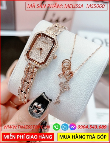 Set Đồng hồ Nữ Melissa Mặt Chữ Nhật Full Đá Swarovski Rose Gold (26mm)