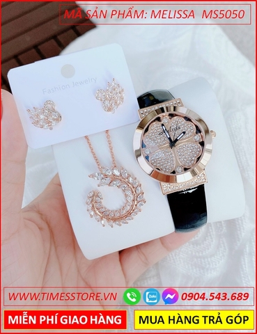 Set Đồng hồ Nữ Melissa Mặt Cỏ 4 Lá Rose Gold Dây Da Màu Đen