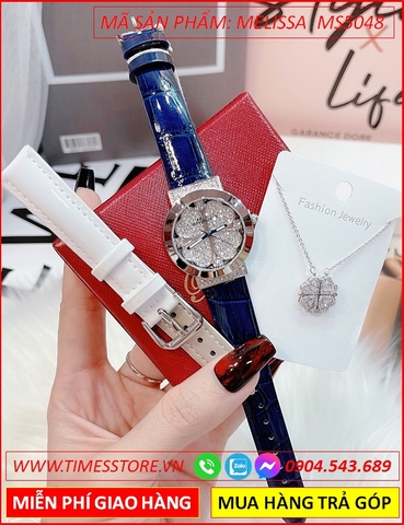 Set Đồng hồ Nữ Melissa Swarovski Mặt Cỏ 4 Lá Dây Da Xanh Dương