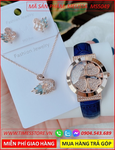 Set Đồng hồ Nữ Melissa Mặt Cỏ 4 Lá Rose Gold Dây Da Xanh Dương