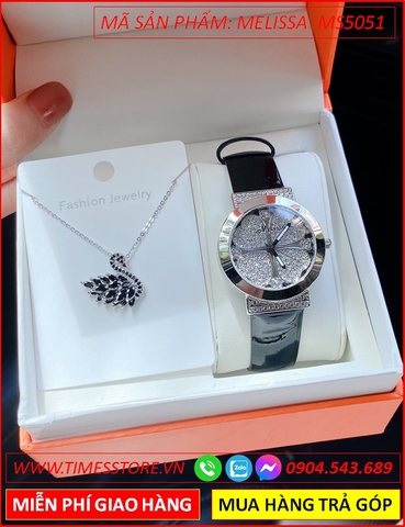 Set Đồng hồ Nữ Melissa Swarovski Mặt Cỏ 4 Lá Dây Da Màu Đen