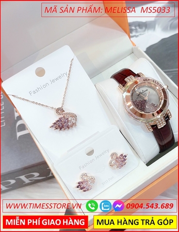 Set Đồng hồ Nữ Melissa Mặt Đá Rơi Swarovski Dây Da Màu Nâu